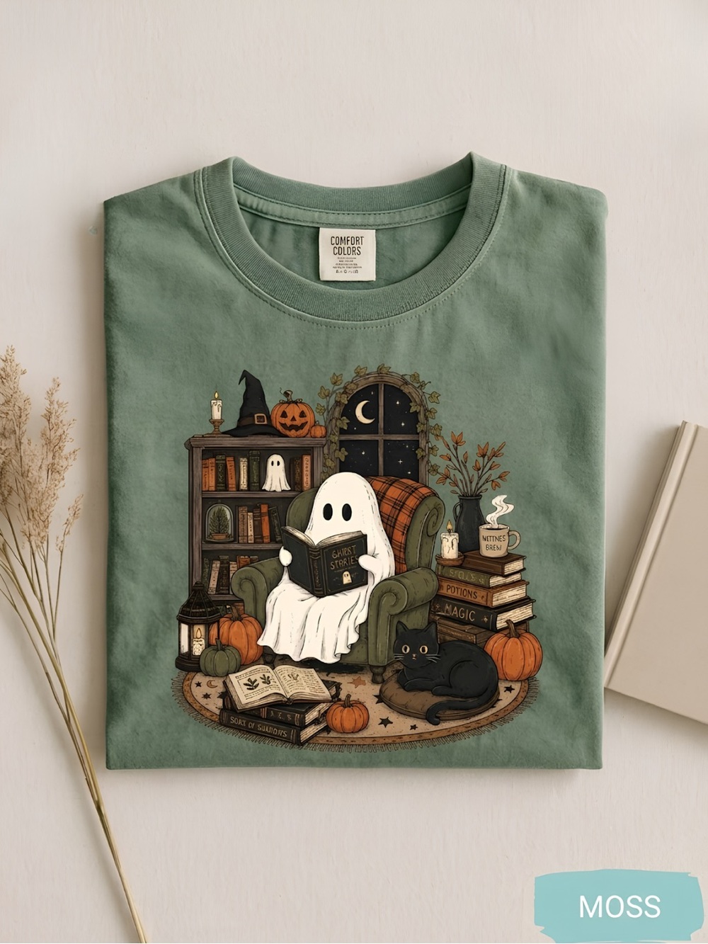 Comfort Colors Moss Green Halloween Ghost Reading Graphic Tee